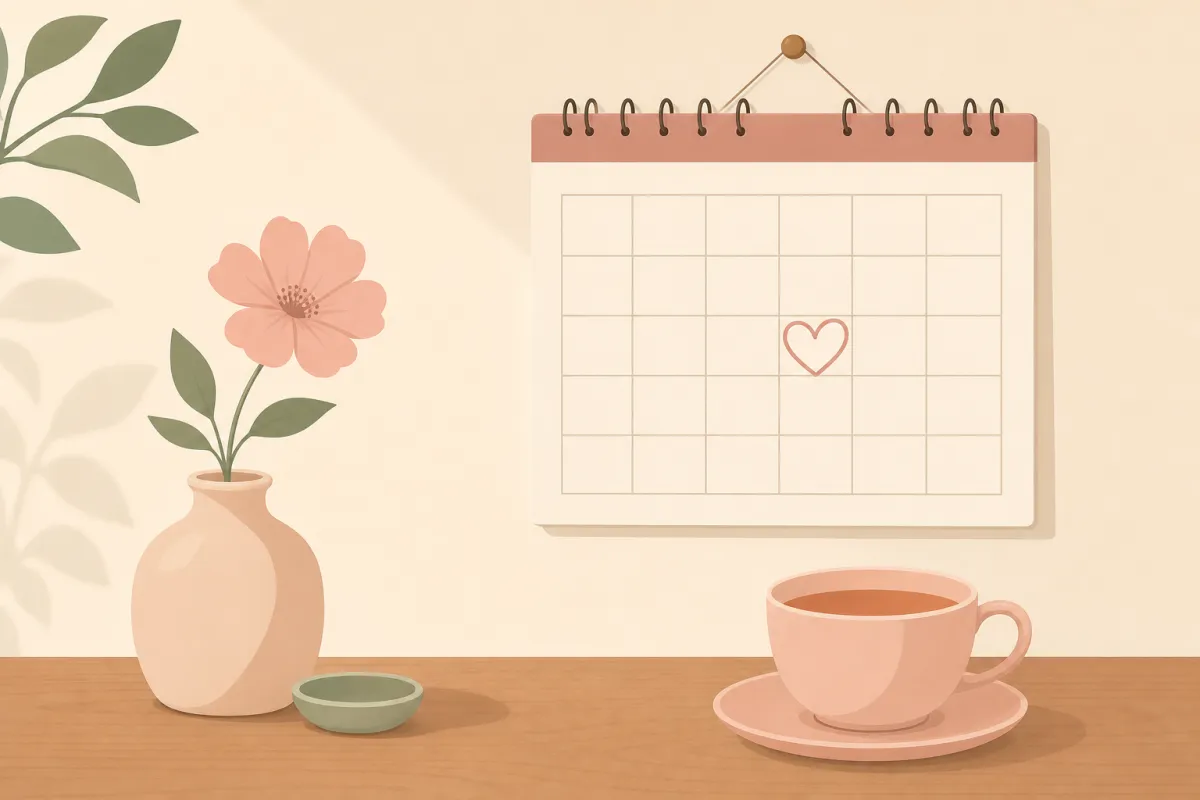 Kalender med en markeret dato, en blomst og en kop te på et roligt bord